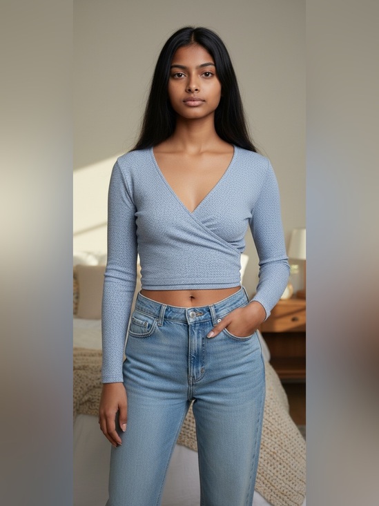 Brandy Melville Tops - Brandy Melville Blue Wrap Fitted Blouse Small P